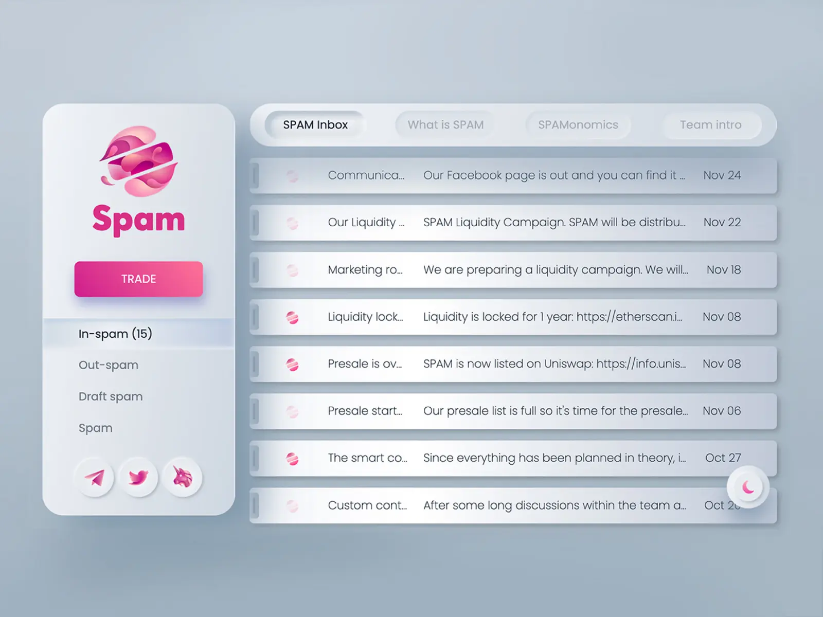 Spam inbox homepage, light theme